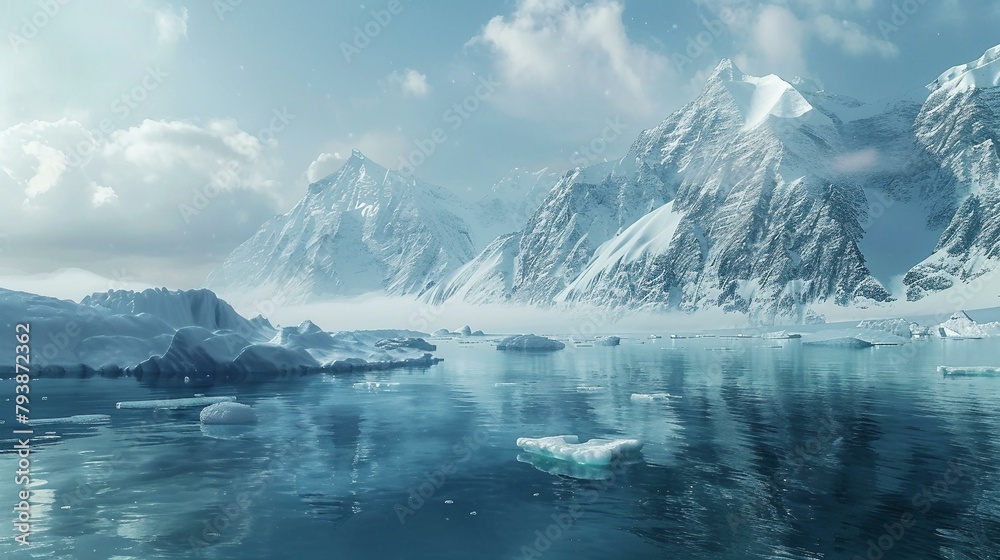 Wall mural a frost-covered fjord in the arctic with icebergs