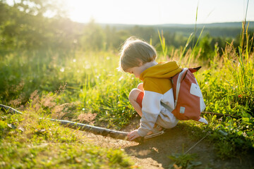 Cute little boy with a backpack having fun outdoors on sunny summer day. Child exploring nature. Kid going on a trip. - 793872754