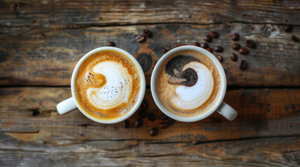 Two cups of coffee with swirl design, yin yang symbol 