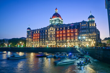 Taj Mahal Palace Hotel at twilight, Mumbai, India.