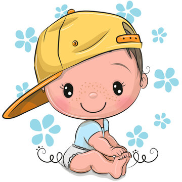 recommend clip art: Cute Cartoon Baby boy is sitting with yellow cap