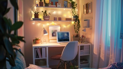 cozy, well-lit corner of the child's bedroom has been transformed into a workplace for homework with a small desk,