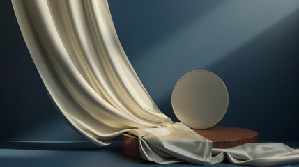 A sumptuous golden satin fabric draped around a wooden platform with a round mirror, depicting luxury and elegance