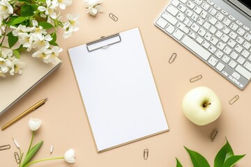 Clipboard with Blank Paper and Keyboard on Pastel Background