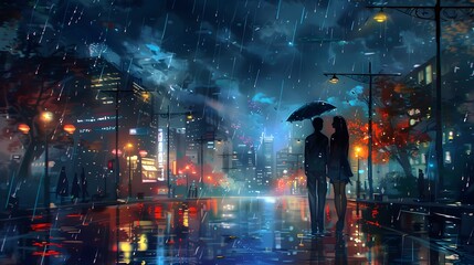 Back view of a couple sharing an umbrella, standing in a vibrant urban scene illuminated by rain and city lights. digital art style, illustration painting.