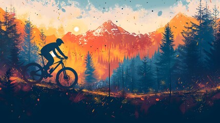 Silhouetted mountain biker riding through a vibrant, forested landscape during a beautiful sunset. Digital art style, illustration painting.
