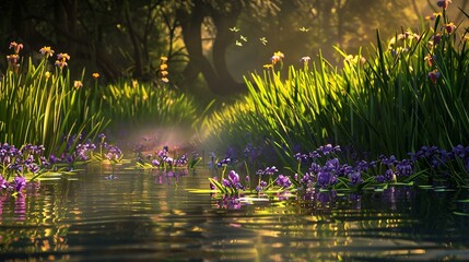 A riverbank lush with wild irises and reeds the gentle - obrazy, fototapety, plakaty