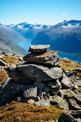 **rock hill in the distance, in the style of norwegian nature, light sky-blue and dark brown, swiss style, 