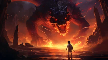 Wandcirkels tuinposter A solitary figure stands defiant in the face of an enormous lava dragon within a cavernous, volcanic landscape, Digital art style, illustration painting. © Sak