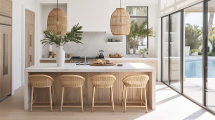 A spacious kitchen featuring a large center island with four chairs, inviting gatherings and culinary experiments