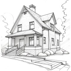 Hand-Drawn Architectural Sketch of a Suburban House