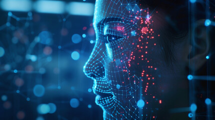 Profile of a woman with digital biometric grid overlay
