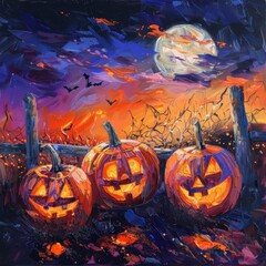 Jackolanterns carved with silly faces grin mischievously under a twilight sky painted with fiery orange and purple hues, celebrating a Halloween filled with spooky fun