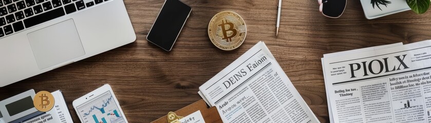 Overhead view of a workspace with Bitcoin on the desk, surrounded by financial newspapers, a smartphone, and notes about blockchain technology