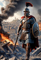 Roman soldier with his war armor and helmet on his head standing in front of a burning city