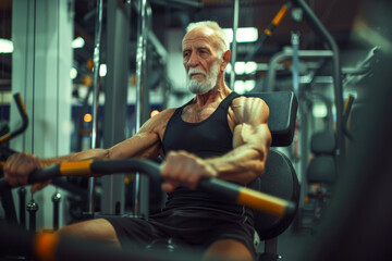 Senior man demonstrating strength training on gym equipment