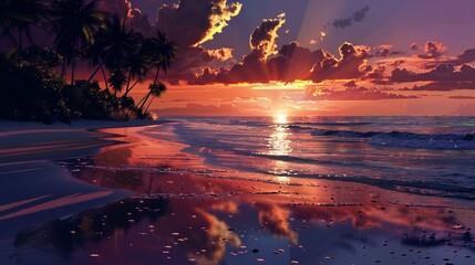 A tranquil beach at sunset where the sky is ablaze wit