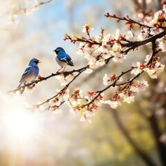 birds sing on the branches of a tree with spring flowers. sunlight. - obrazy, fototapety, plakaty