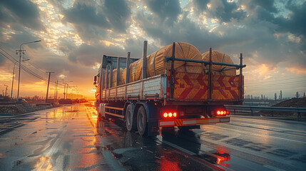A trailer transporting construction materials. Generative AI.
