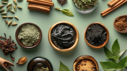 A flat lay of various natural ingredients used in traditional Indian herbal medicine, including fresh herbs and spices like cardamom, cinnamon, ginseng, and black icy charcoal. Generative AI.