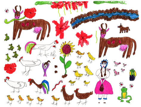 Hand drawn with felt-tip pen set of domestic animals, garden flowers, sunflower and farm worker girls isolated on a white background