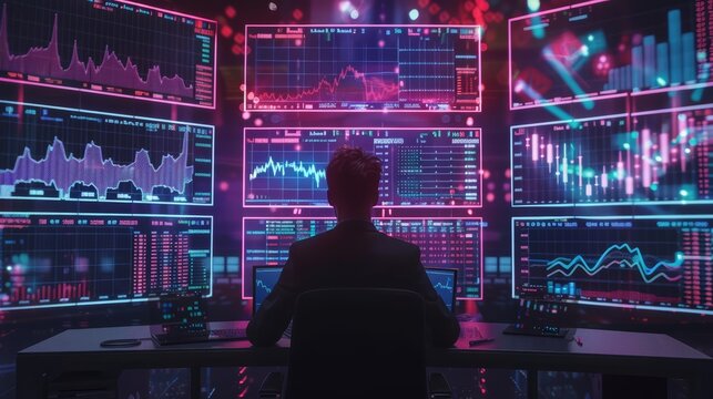 Stock trader analyzing plummeting market data on multiple cyberenhanced screens, neon graphs indicating sharp declines
