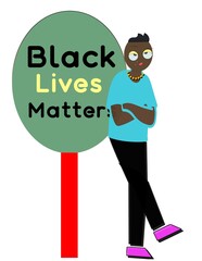 A cartoon of a man standing in front of a sign that says Black Lives Matter