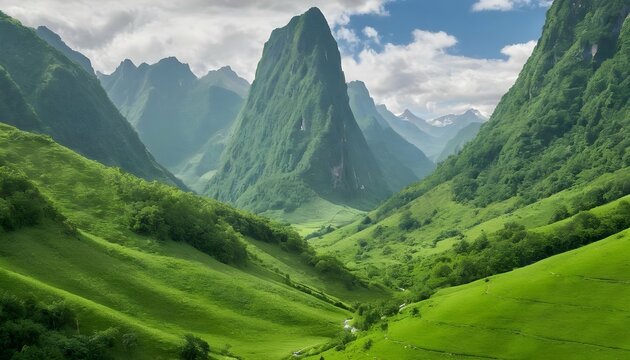 A lush green valley surrounded by towering mountai upscaled 3