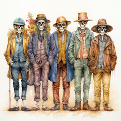 Watercolor Dressed Skeleton Illustration, Generative Ai