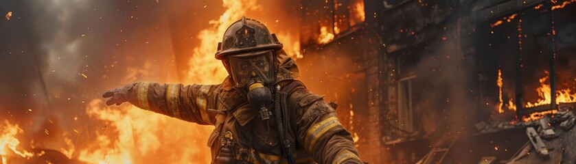 With trembling hands and a singed uniform, a firefighter zombie heroically extinguished a burning building, his motivation purely the satisfaction of putting out flames - obrazy, fototapety, plakaty