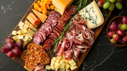A perfectly arranged charcuterie board showcasing an array of cheeses, cured meats, and fresh...