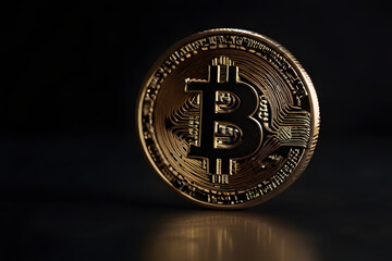 Shiny Bitcoin physical coin on a dark background
