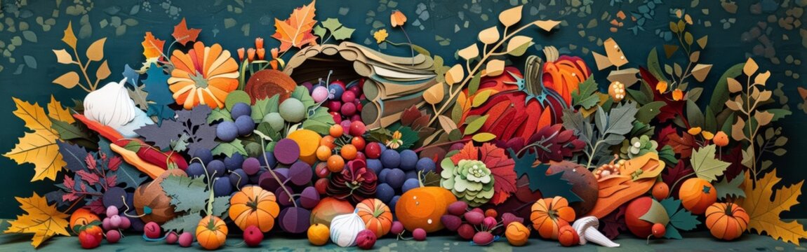 Playful papercuts depict a Thanksgiving feast, where a cornucopia overflowing with colorful vegetables and fruits takes center stage