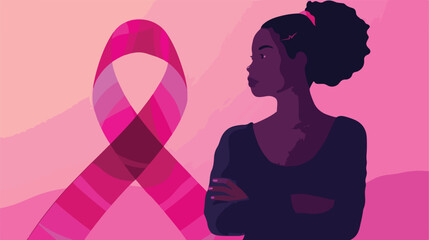 Black Woman near big pink ribbon as Breast cancer