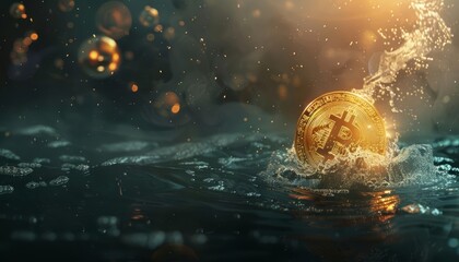 A conceptual image of a golden Bitcoin sinking into water, symbolizing market volatility, with bubbles around and a dark, moody background