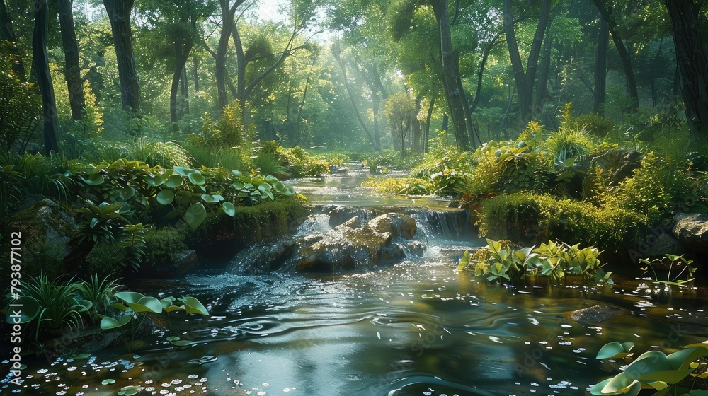 Poster A lush wooded area with a flowing stream and various types of vegetation like. Generative AI.