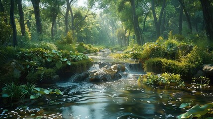 Obraz premium A lush wooded area with a flowing stream and various types of vegetation like. Generative AI.