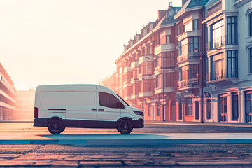 Side view of sustainable electric van standing  on the empty street. - obrazy, fototapety, plakaty