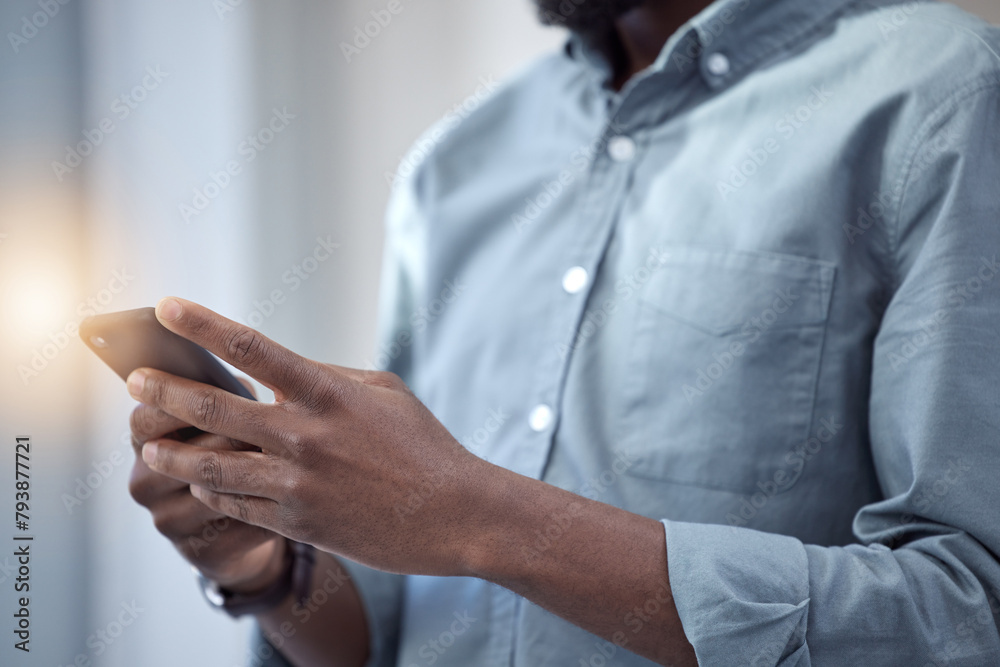 Poster Hands, smartphone and person with chat for communication, social media and connectivity. Digital, internet and technology with network for connection, scroll website or reading blog for information