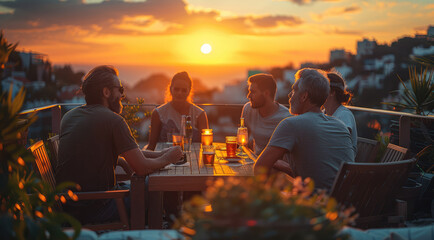 A group of 50 year old friends, dressed casual, enjoy an aperitif, drinking cocktail, during the golden hour from their city balcony at home. Generative AI. - obrazy, fototapety, plakaty