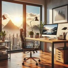 Interior of office at home setup with computer with desk and chair with a stunning view through the window - Generative AI 