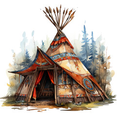 Obraz premium Watercolor Native American Tent Illustration, Generative Ai