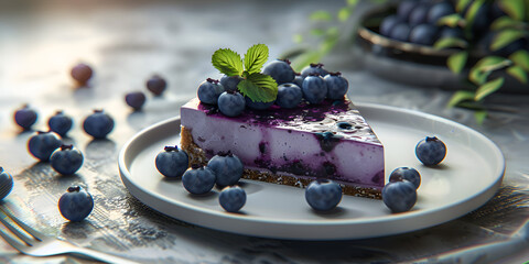 Delicious Dairy-Free Blueberry Cheesecake with bokeh background