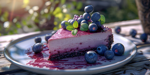 Easy Vegan Dessert Blueberry Cheesecake on table with bokeh garden background