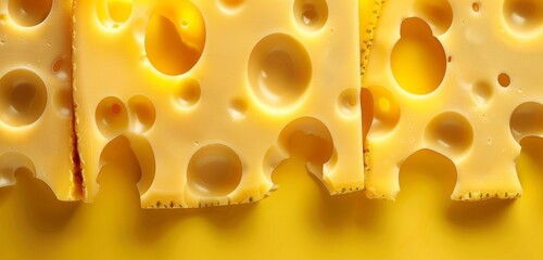 Sliced Swiss cheese blocks on a monochromatic yellow backdrop.