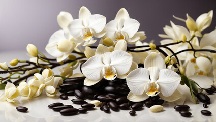 Fototapeta na wymiar white orchid flowers laying on a pile of black and brown rocks
