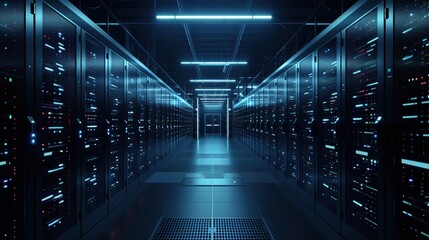 Network and information systems in a modern data center with dynamic lighting, showcasing technology and connectivity