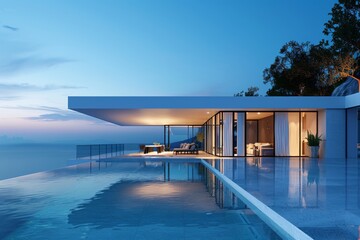 Fototapeta premium Luxury Island Villa With Infinity Pool At Sunset.