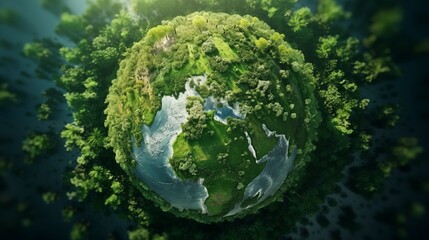 Planet earth with dense, lush forests, green plants, moss.