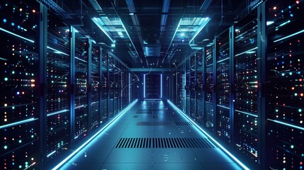 Data center interior with dynamic lights, tech essence